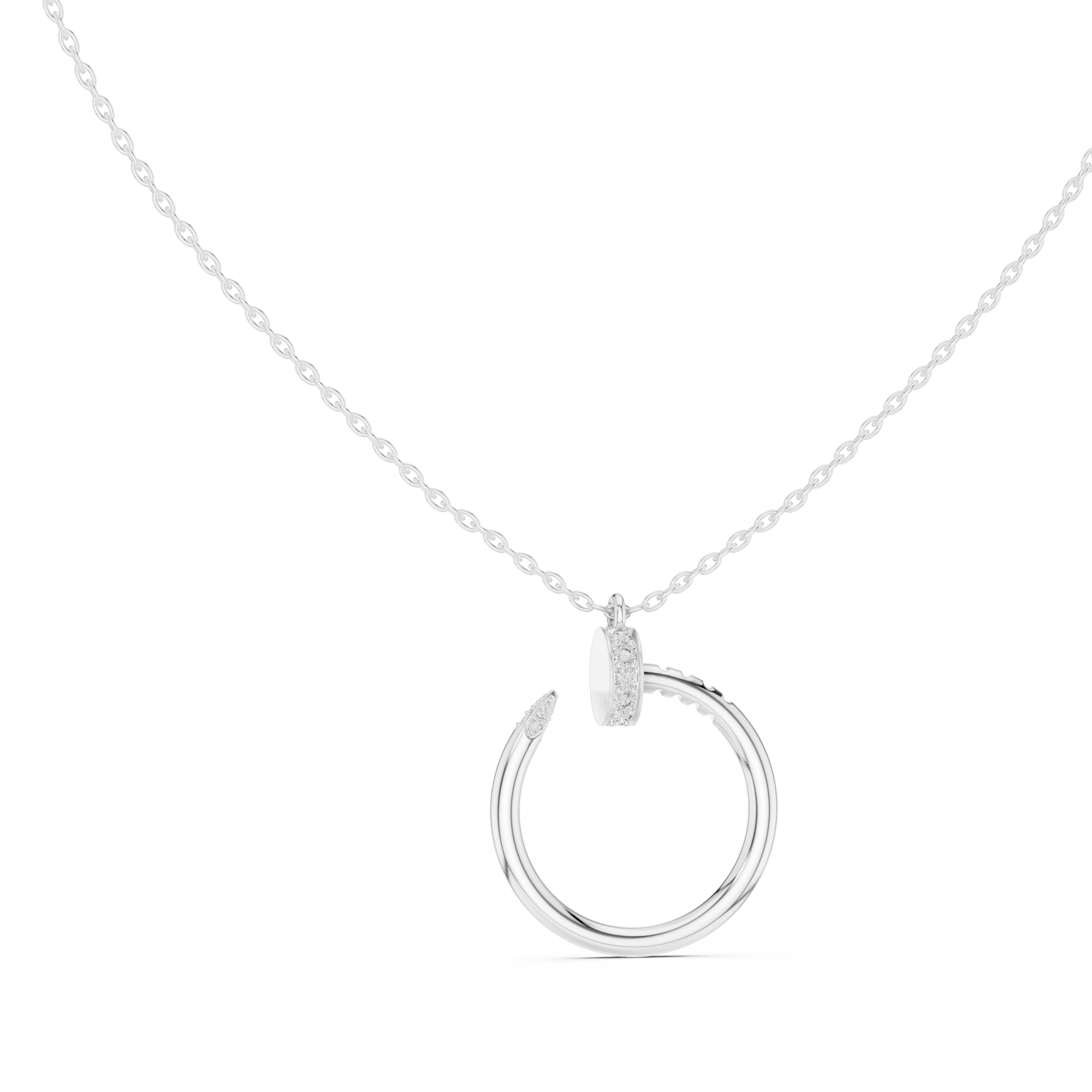 Silver necklace with a circular pendant on a white background