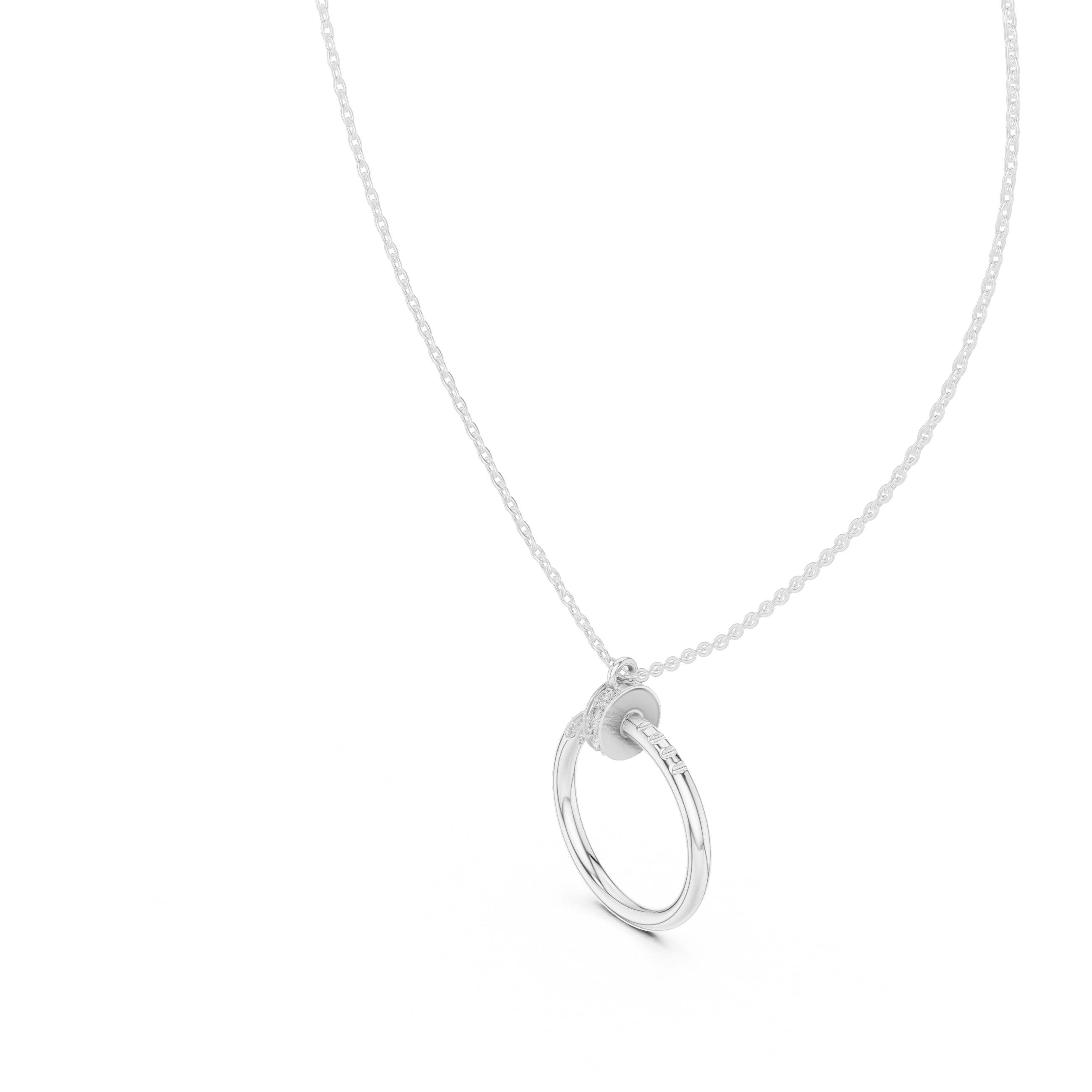 Silver necklace with a circular pendant on a white background