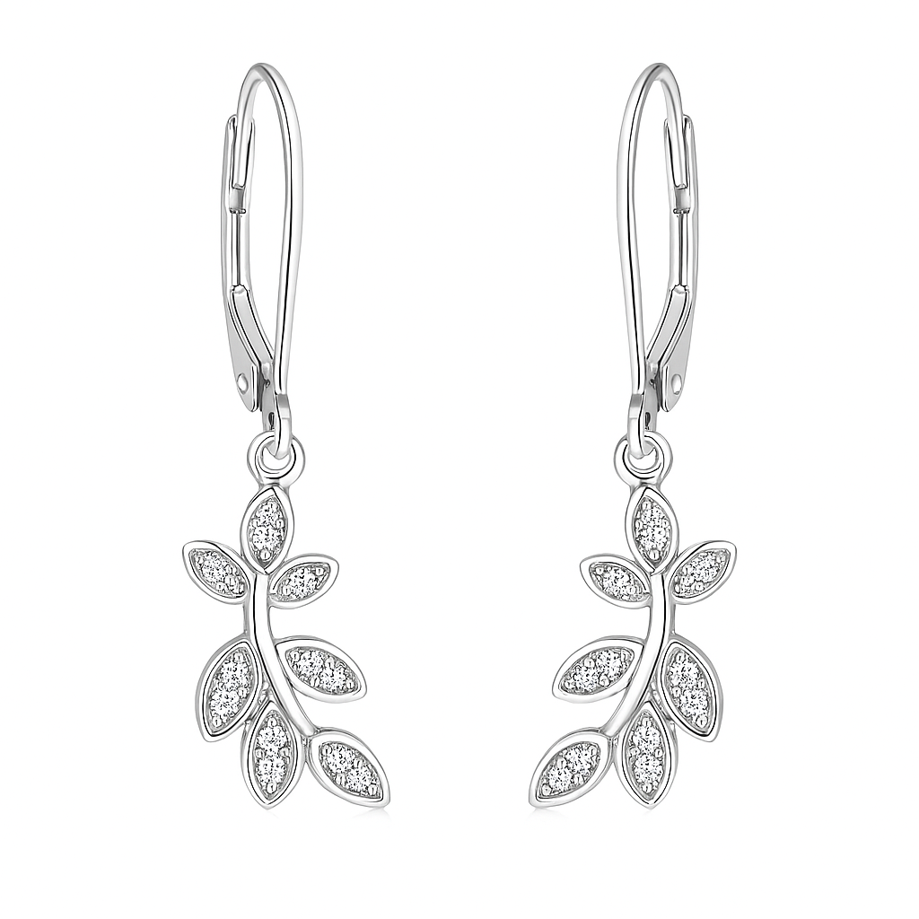 Sterling silver drop earrings with articulated leaf branch pavé cubic zirconia stones on white background