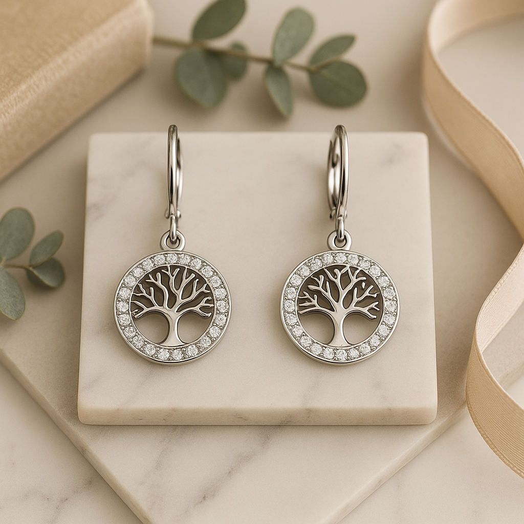 Silver tree-of-life earrings with clear stones on a marble surface with green leaves.